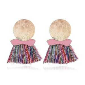 Disc and Rainbow Tassel Earrings