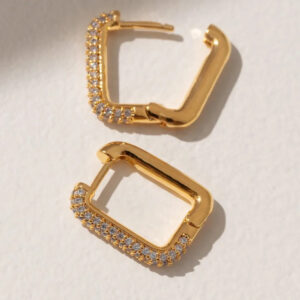 Gold Rectangular Hoop Earrings with Crystals
